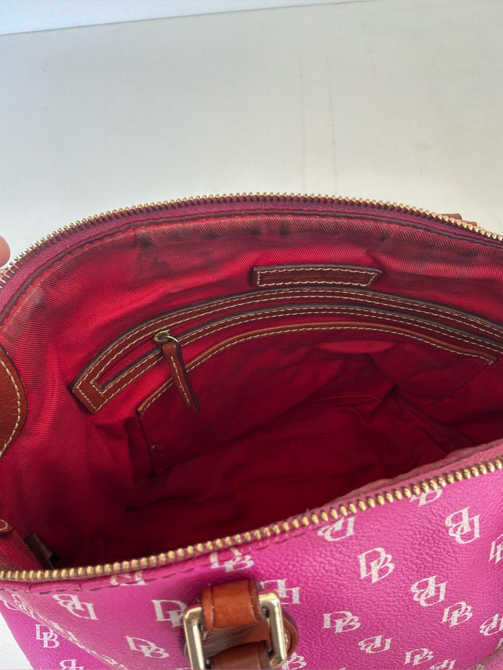 Dooney & Bourke Pink DB Monogram Satchel Top Handle Handbag Purse Leather Trim - Picture 8 of 14
